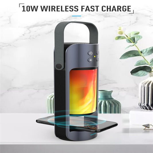 Flame Light Bluetooth Speaker Creative and Multifunctional with wireless fast charging base and realistic LED flame effect, ideal for modern home decor.